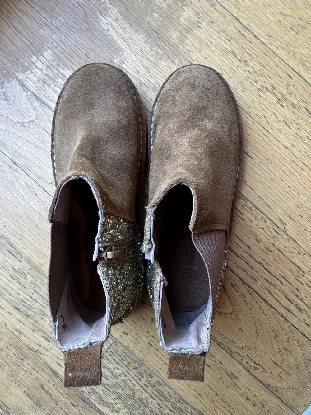 Kids Brown Suede Chelsea Boots with Gold Glitter Heel Accent